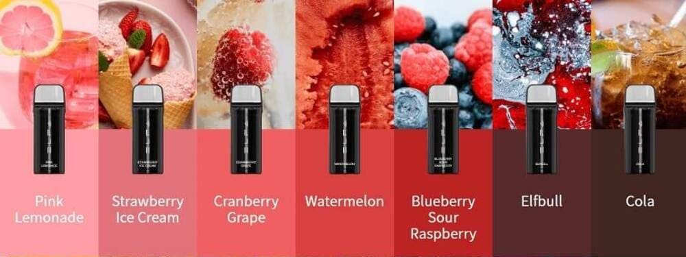 На зображенні представлені одноразові електронні сигарети з яскравими фруктовими смаками — полуниця, кавун, вишня, малина, мікс ягід, персик і кола — чудовий вибір для покупців вейпшопу, які цінують різноманіття смаків і зручність використання.